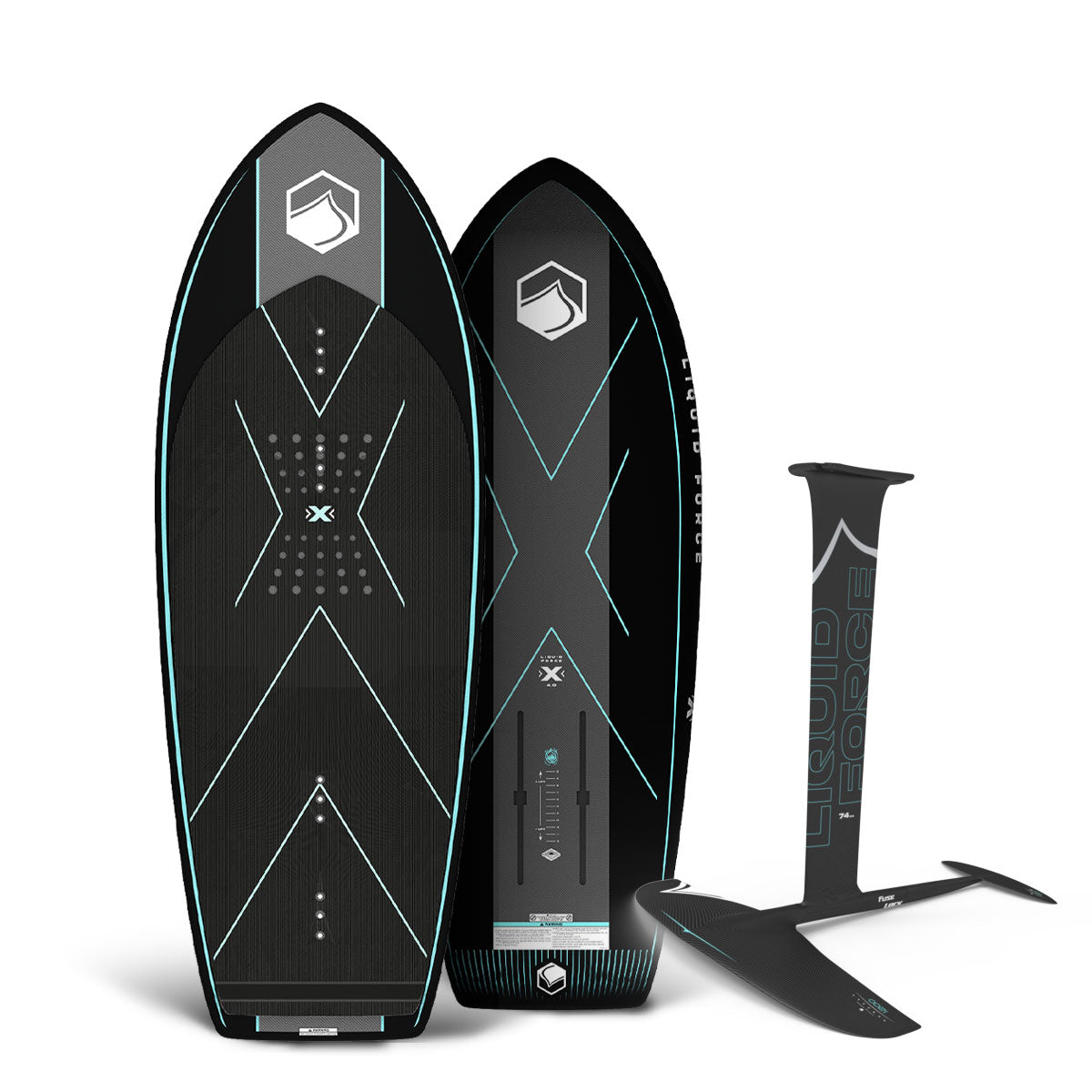 Top and bottom view of black and teal foil board and black hydrofoil package.