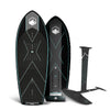 Top and bottom view of black and teal foil board and black hydrofoil package.
