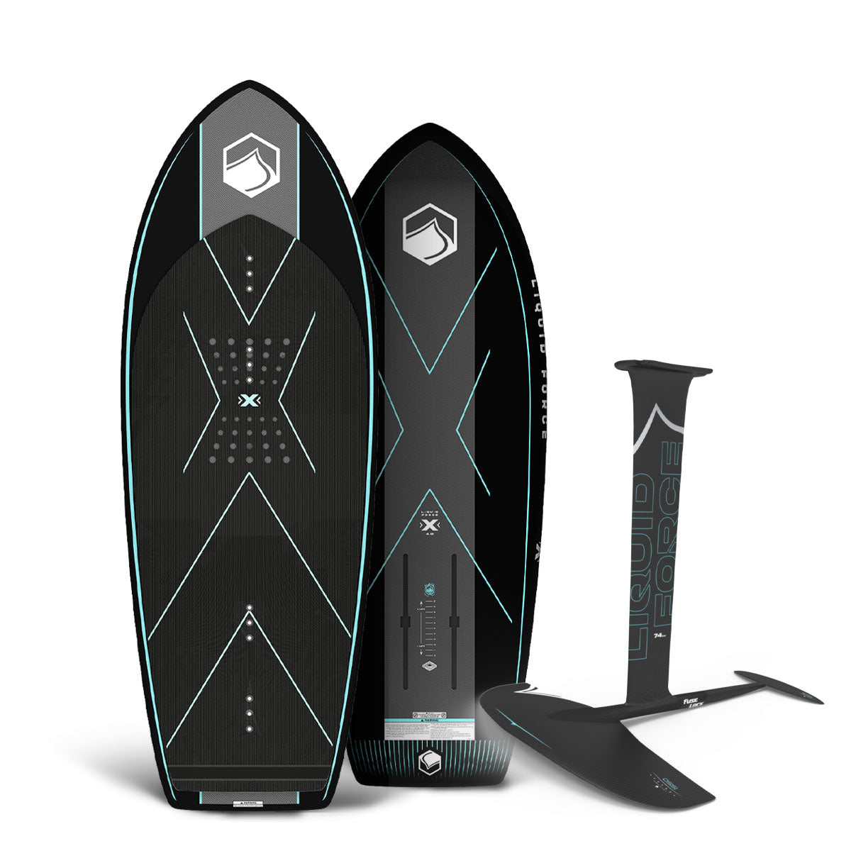 Top and bottom view of black and teal foil board and black hydrofoil package.