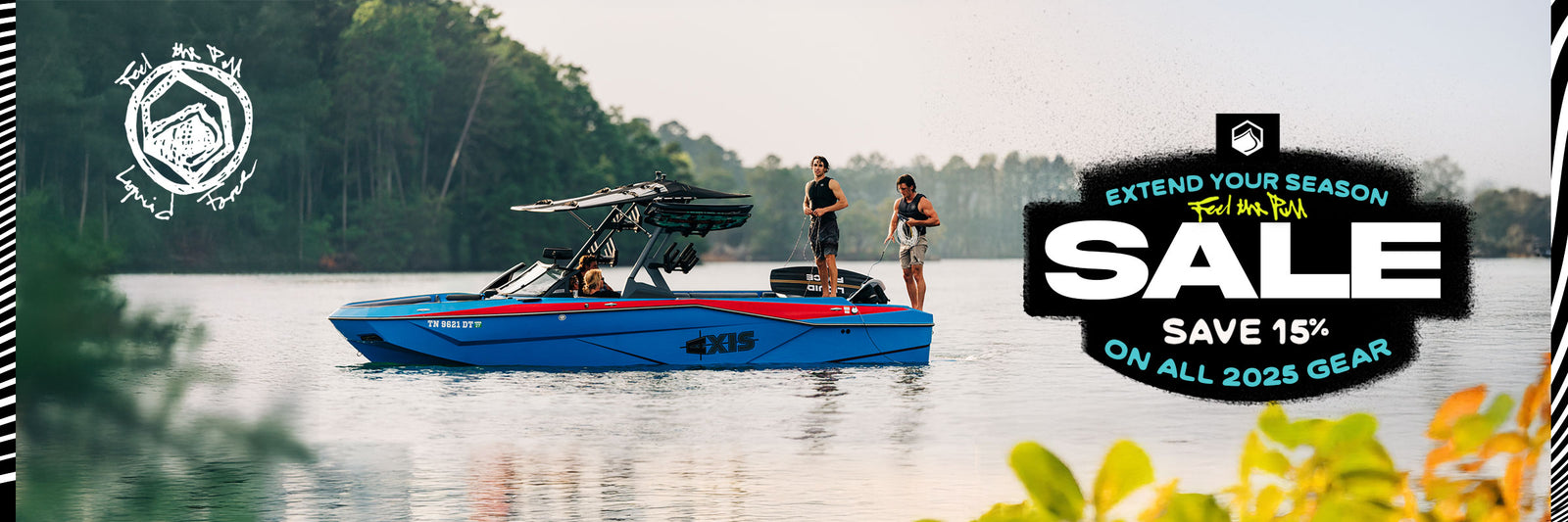 Two people standing next to a blue and red boat on a lake with a promotional banner for a sale.