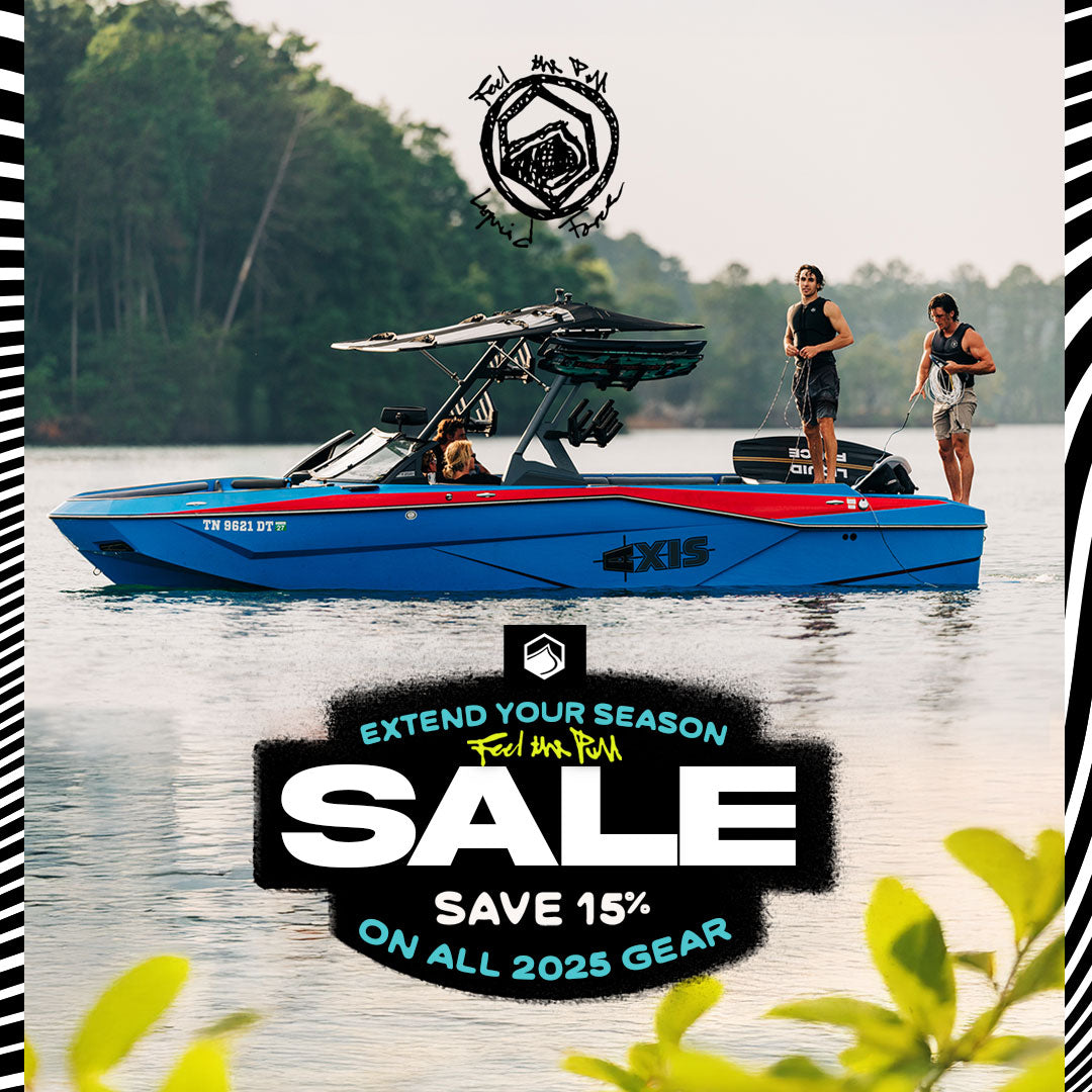 Blue and red Axis boat on water with promotional text overlay