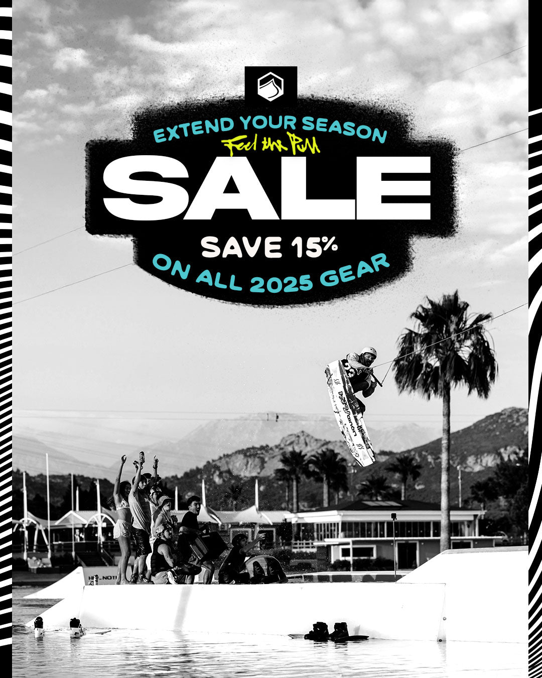 Black and White image of rider gapping a rail at a cable park. Sale promo for 15% off 2025 gear.