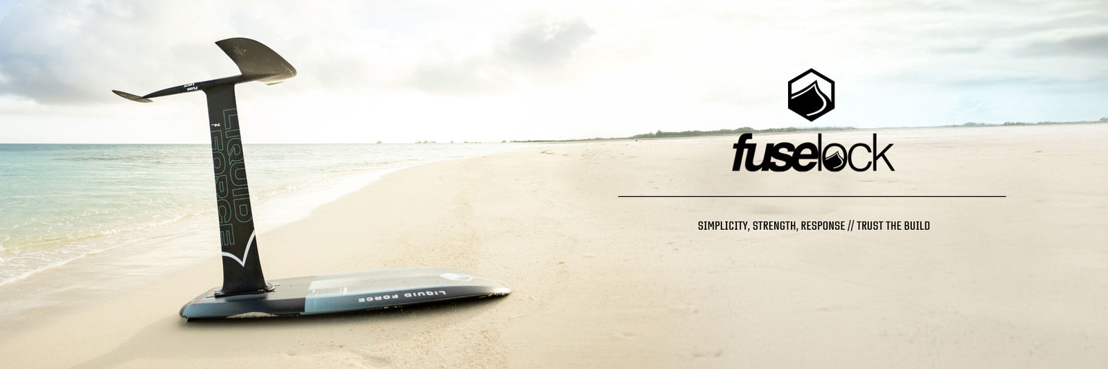 Wake Foil Setup on a sandy beach with 'fuselock' branding.