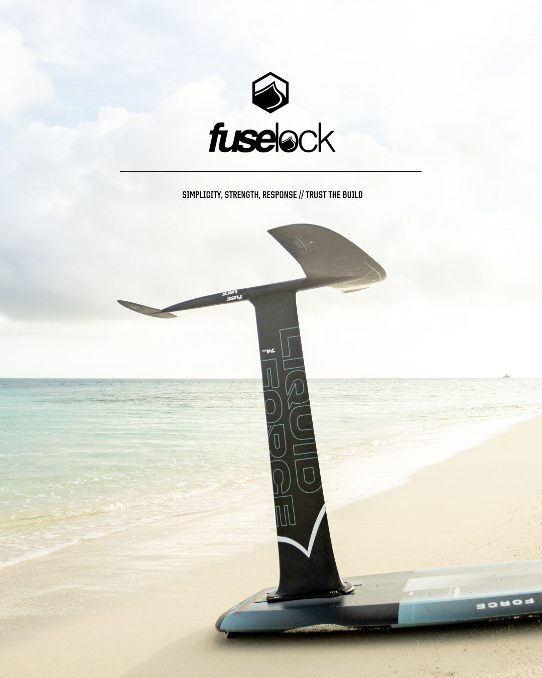 Wake Foil wing on a beach with 'fuseLock' branding