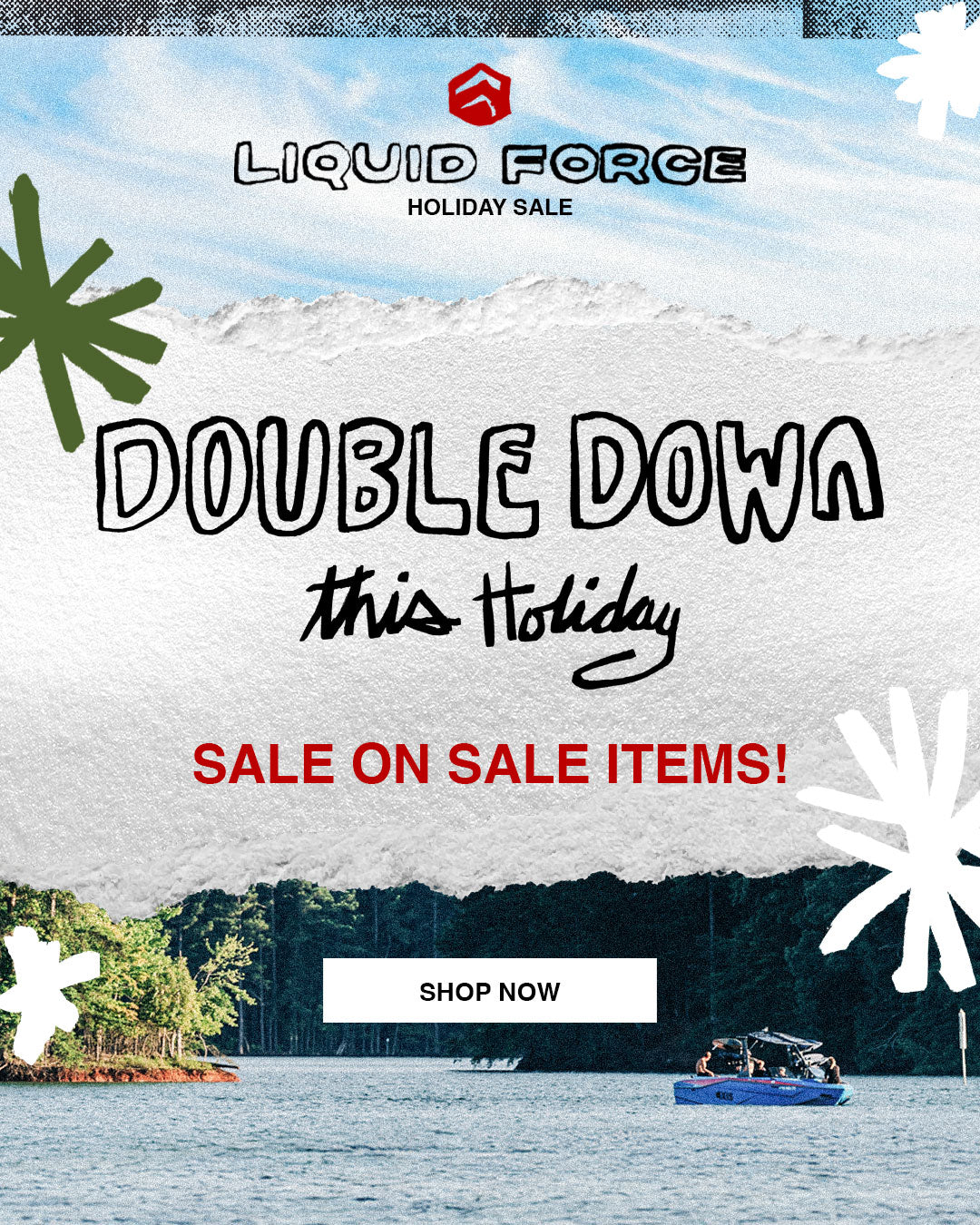 Holiday sale banner with torn-paper graphics and text promoting double discounts.