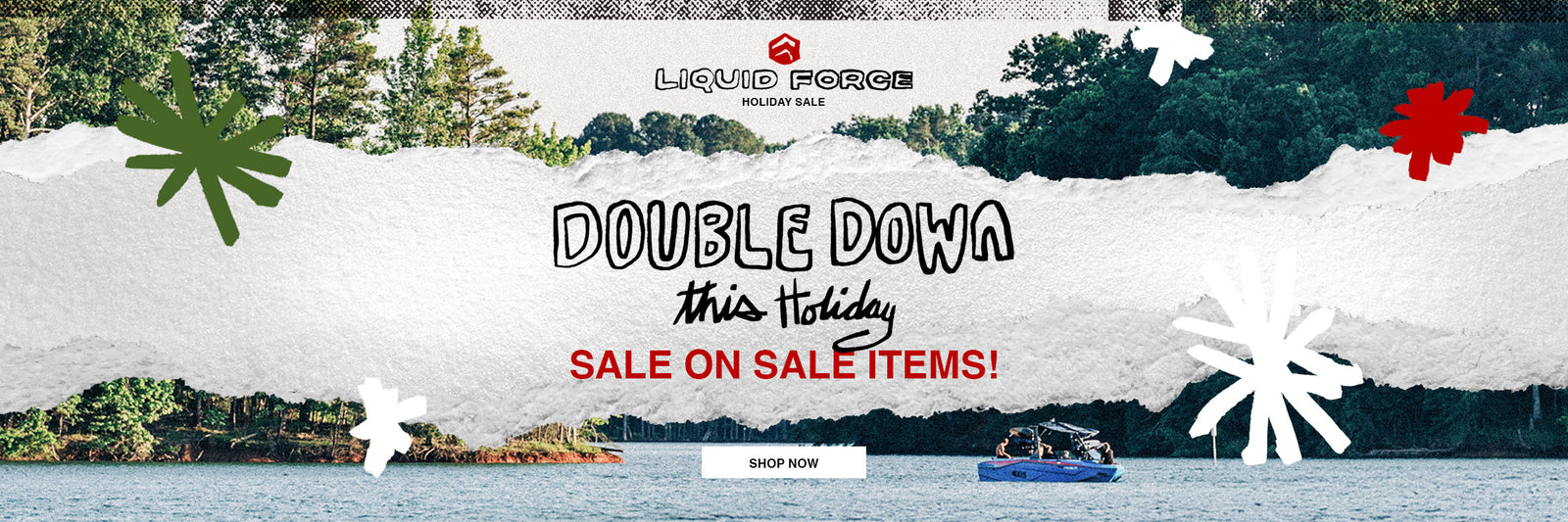 Holiday sale banner with torn-paper graphics and text promoting double discounts.