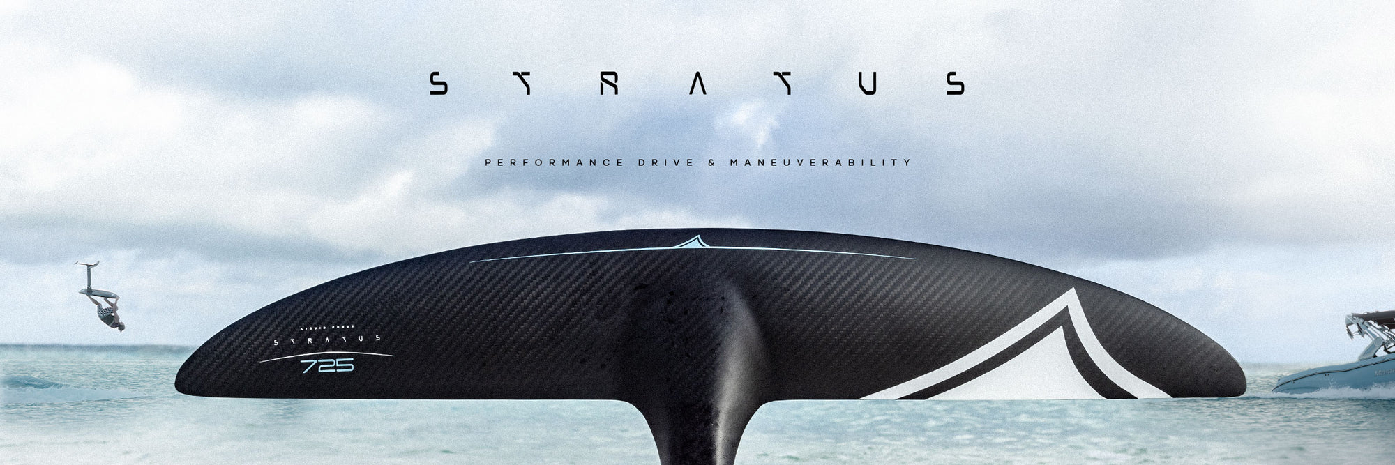 Sleek, futuristic vehicle with 'Stratus' branding on a water background