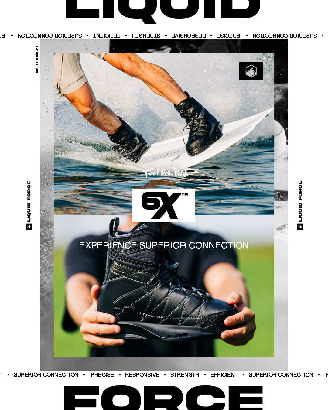 Advertisement for Liquid Forcxe 6X Wakeboard Bindings with a person holding a pair and another person wakeboarding.