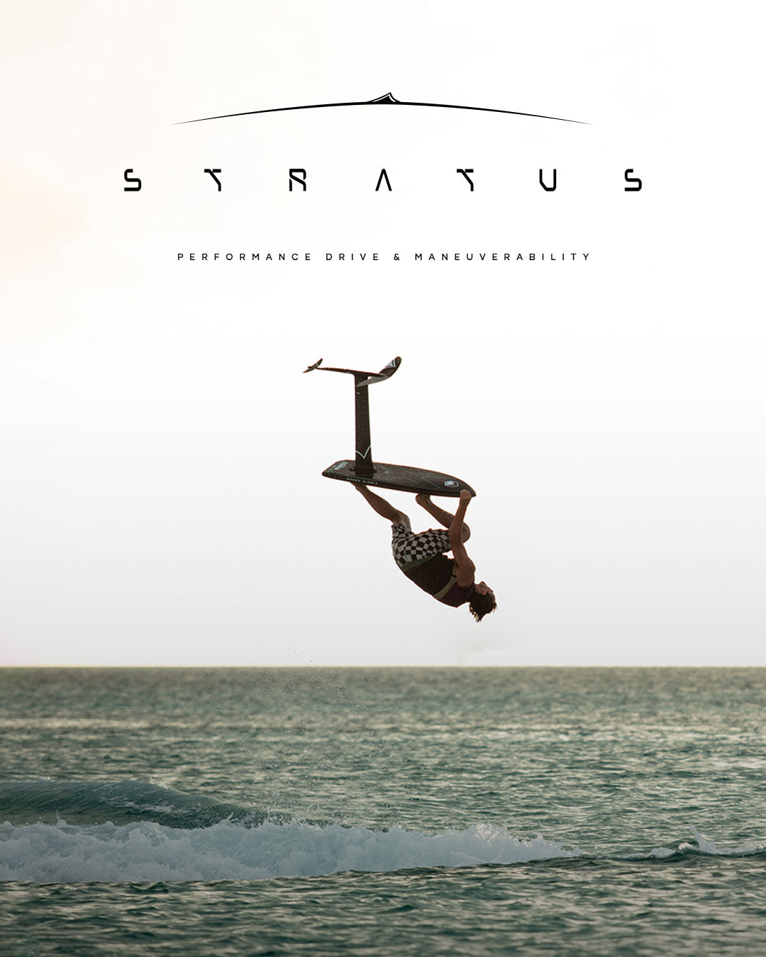 Person inverted while wake foiling with 'Stratus' branding above on a white background