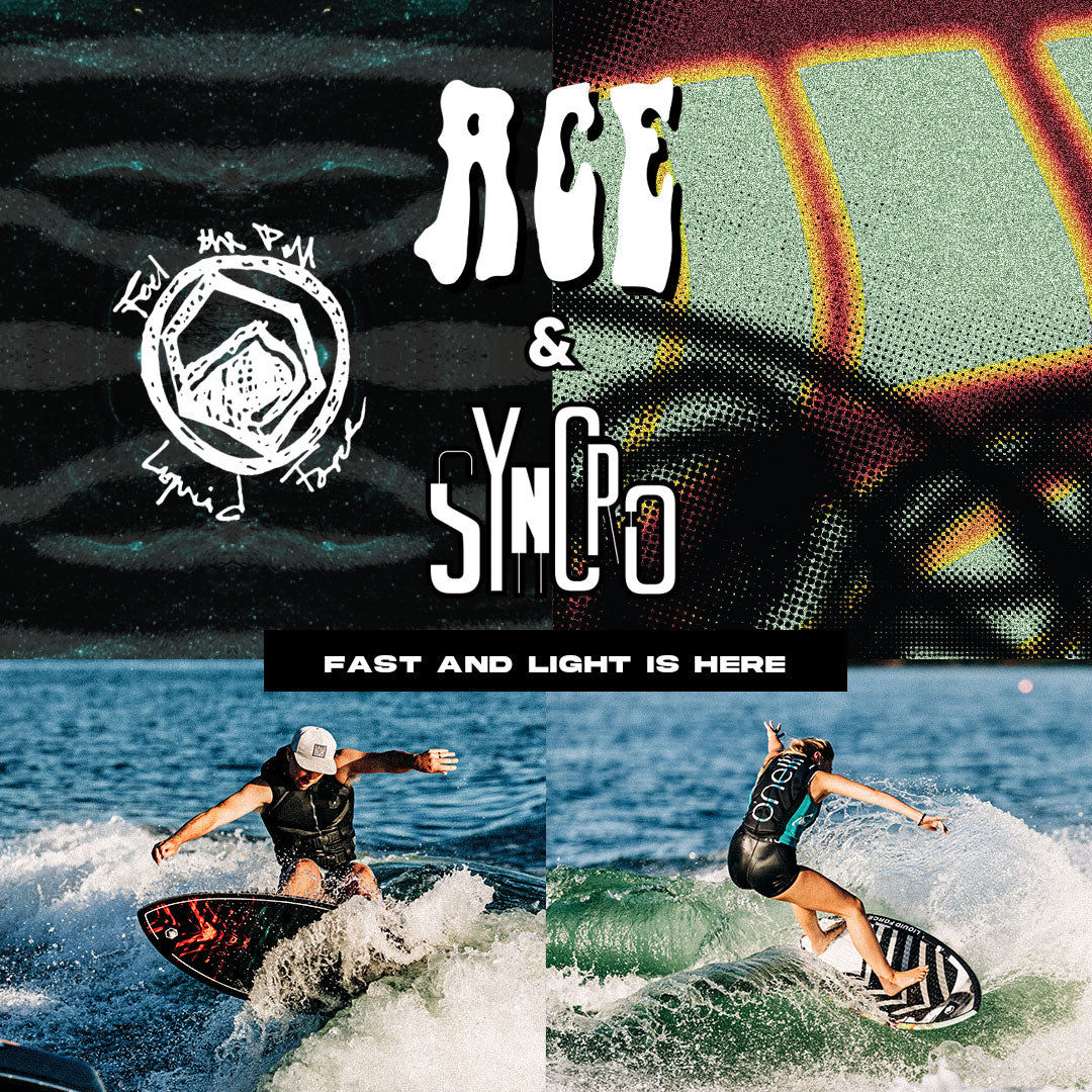 Male and Female Riders enjoying wake surfing on the Liquid Force Syncro and Ace Wakesurf Boards. Dark background with abstract lines and shading.
