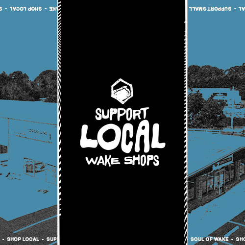 Graphic reading support local wake shops with stylized text and abstract background.
