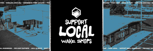 Graphic reading support local wake shops with stylized text and abstract background.