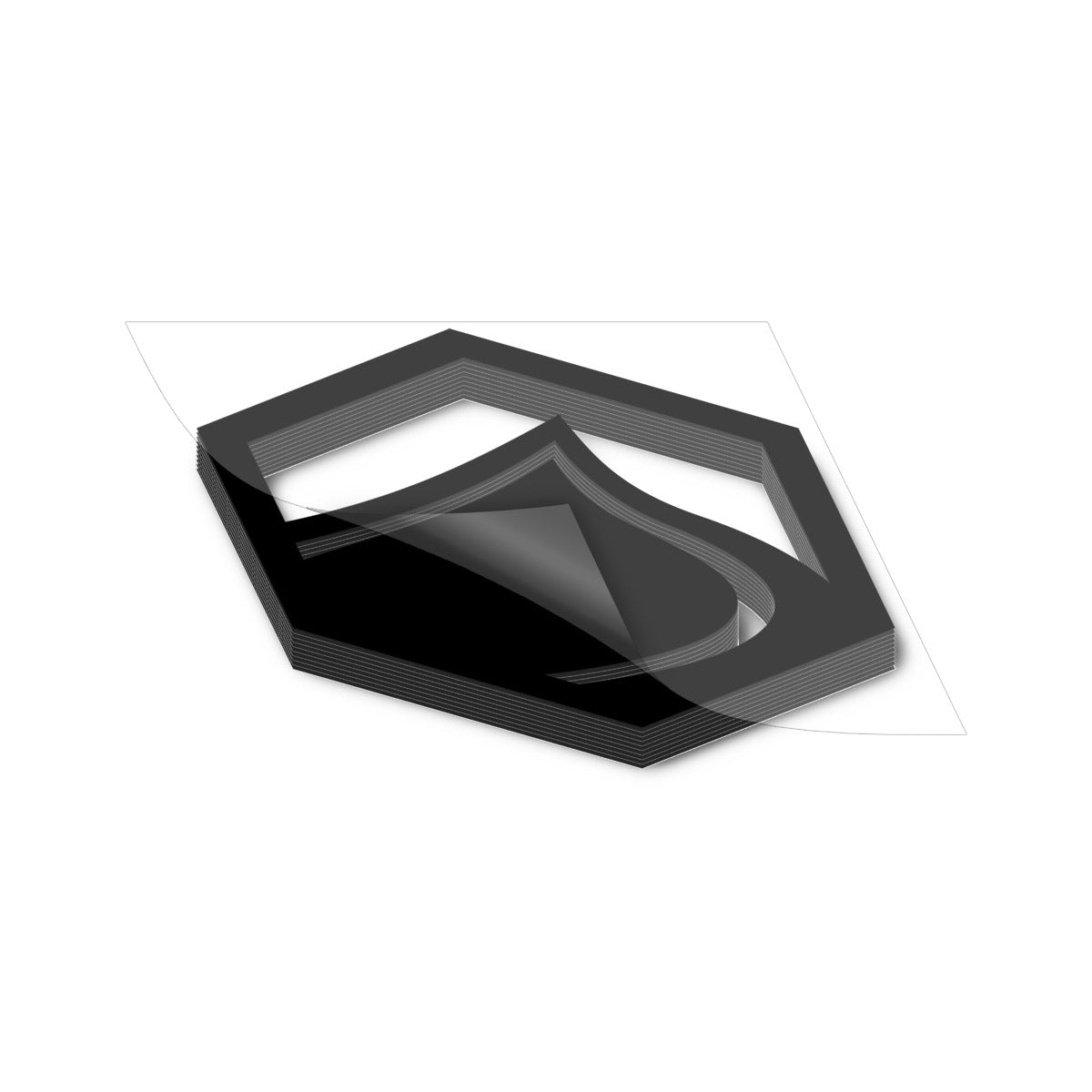 Black geometric hex shaped liquid force logo sticker on a white background