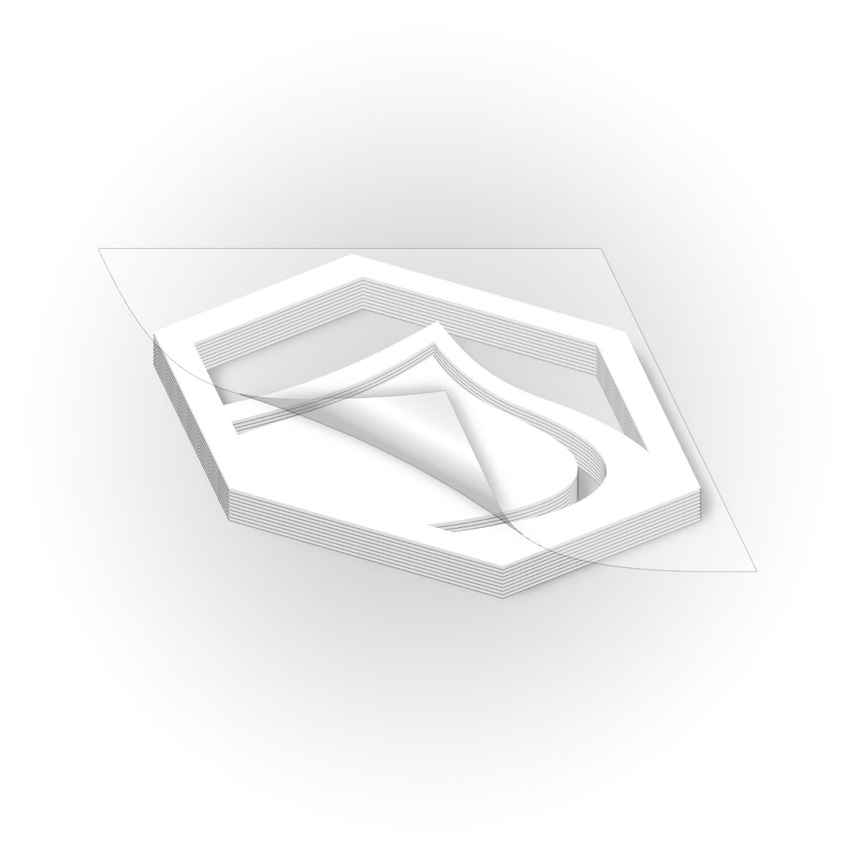 White geometric hex shaped liquid force logo sticker on a white background