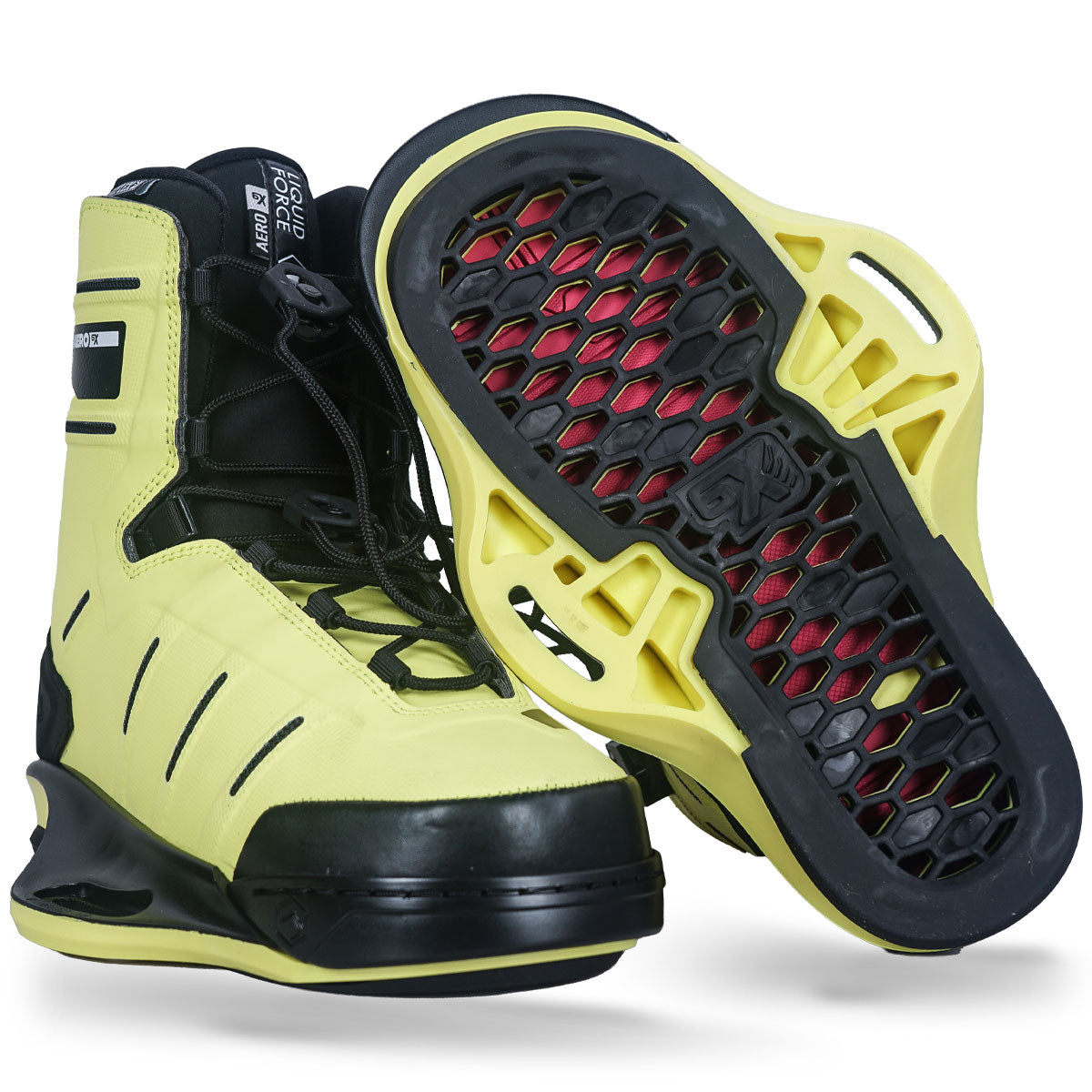 Angled view of AERO 6X binding in atomic with black accents showing sole detail.