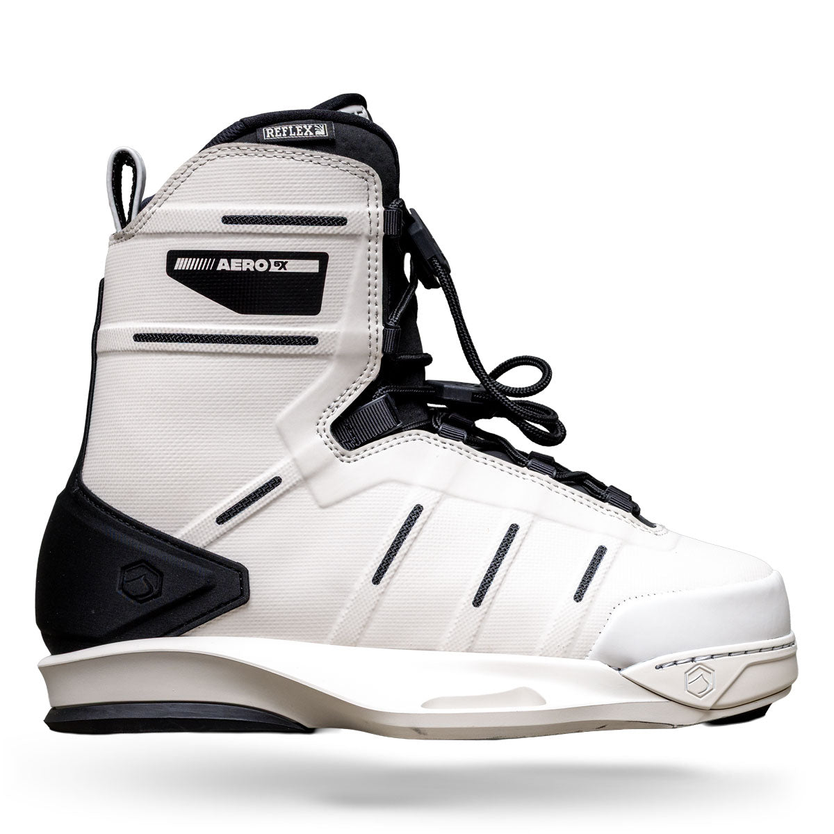 Side view of AERO 6X binding in white with black accents and lace-up design.