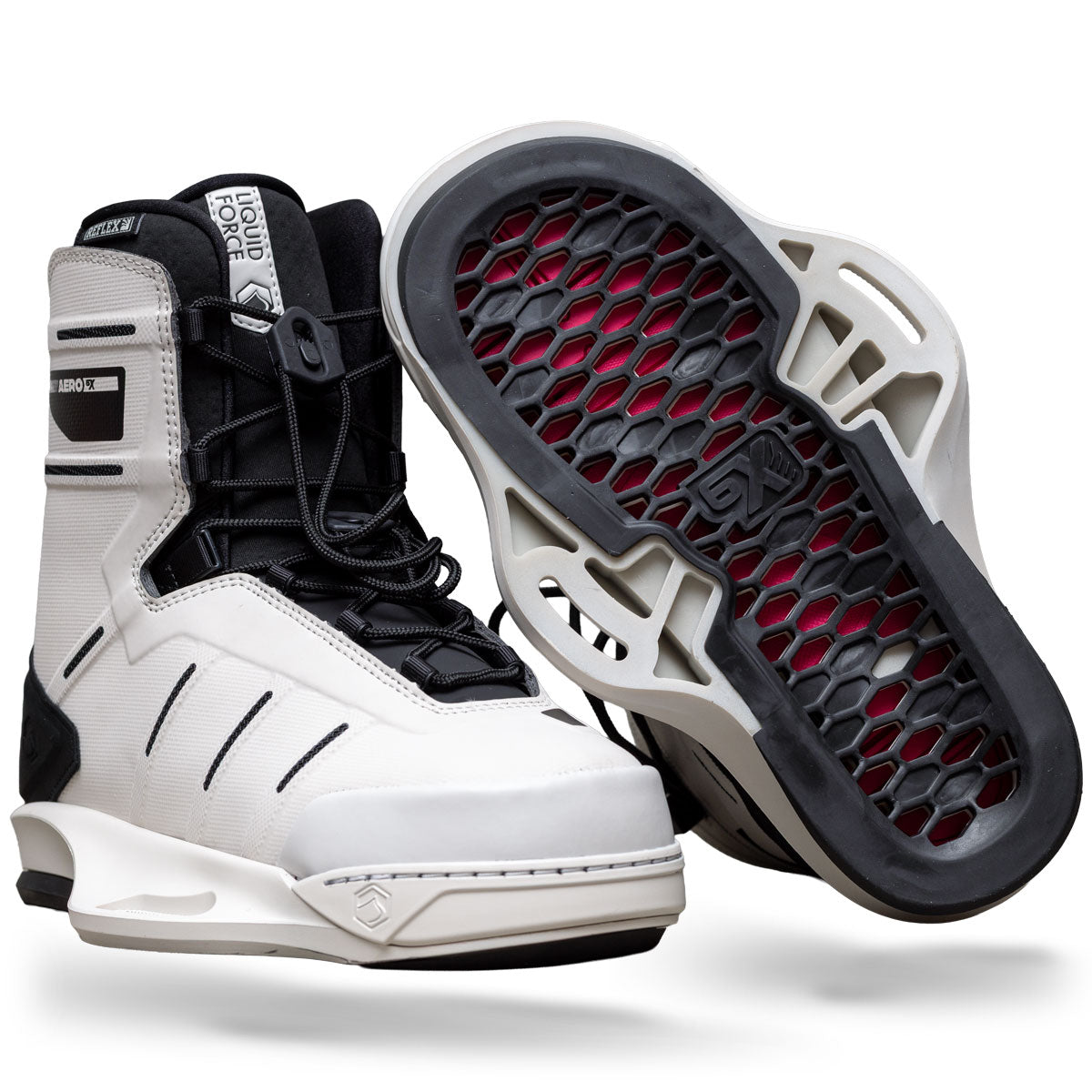 Angled view of AERO 6X binding in white with black accents showing sole detail.