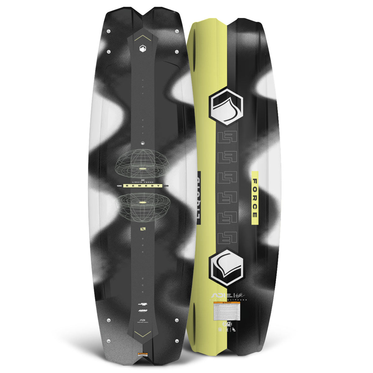 Top and base view of the Remedy AERO LTD wakeboard with black, white, and yellow graphics.