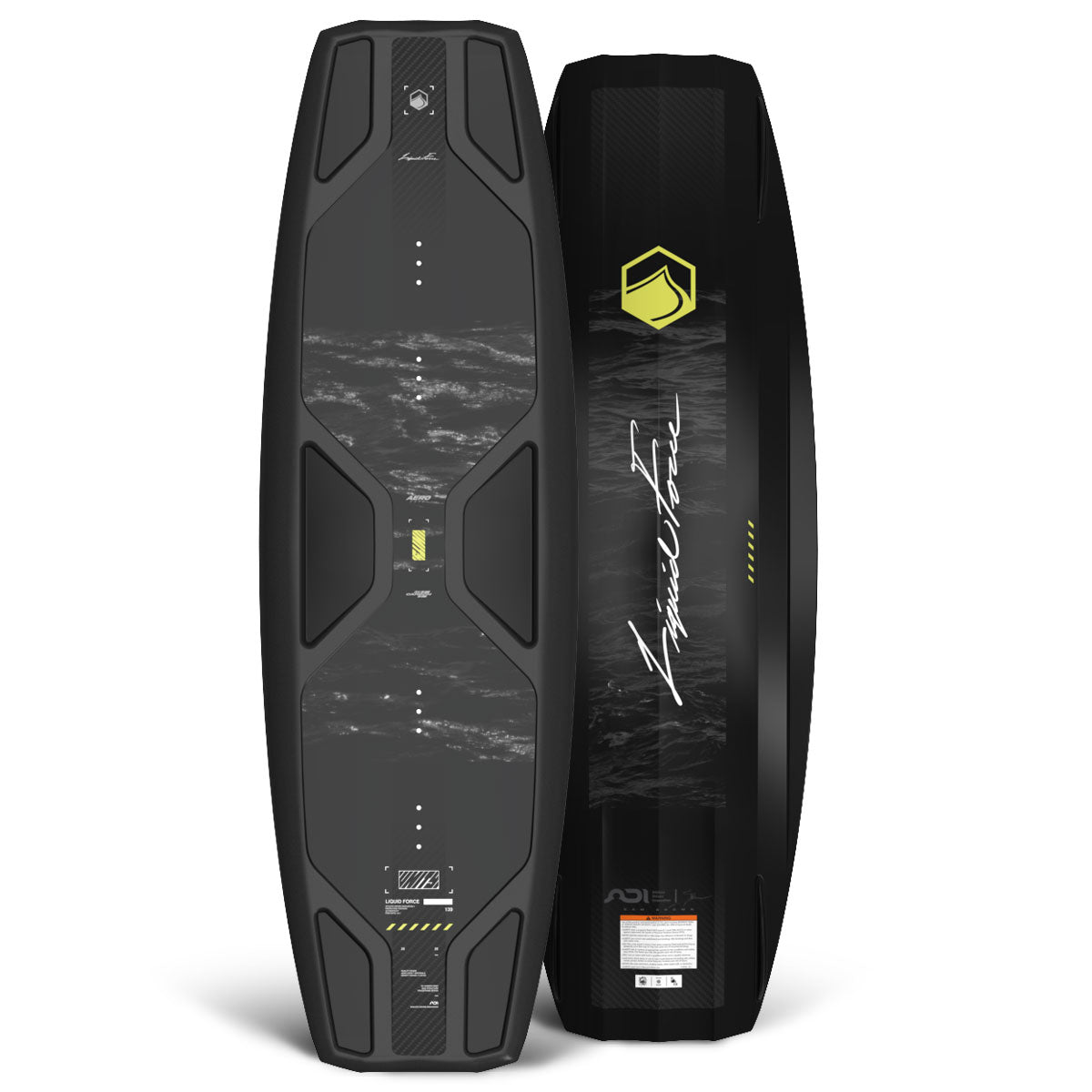 Front and back view of Unity AERO wakeboard in black with gray water texture and yellow accents.