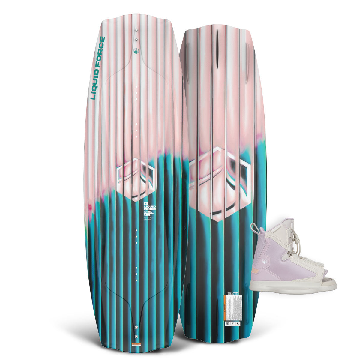 Top and base view of Angel wakeboard with pink and teal gradient and light pink Plush 6R bindings.