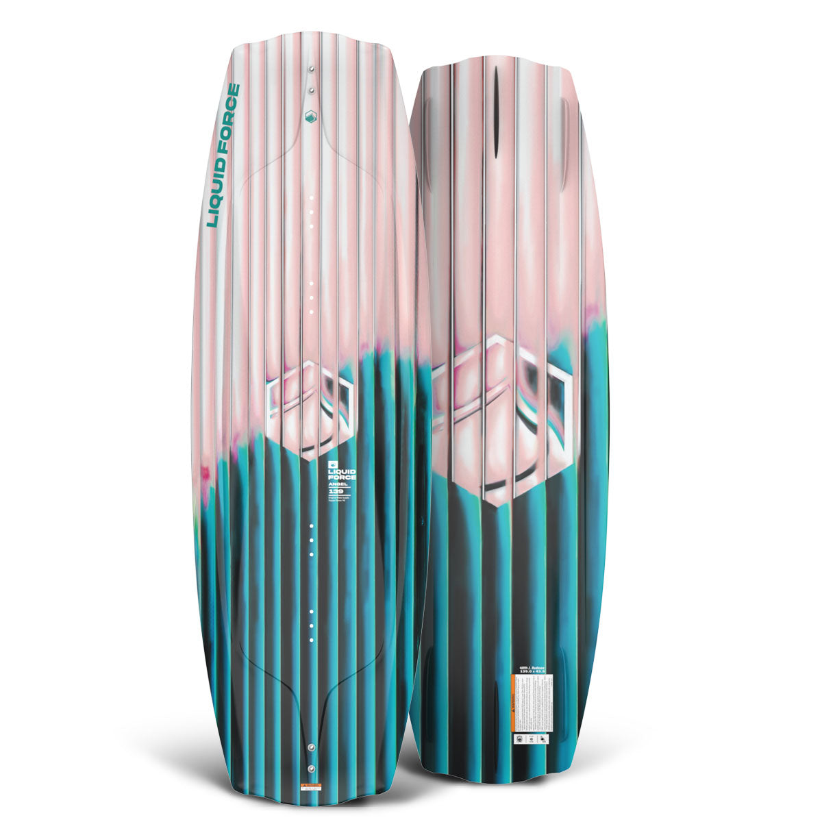 Front and back view of Angel wakeboard with striped pink, teal, and black design.