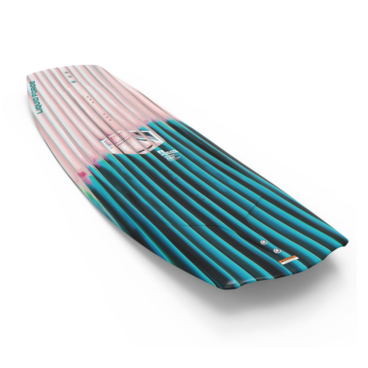 Front and back view of Angel wakeboard with striped pink, teal, and black design.