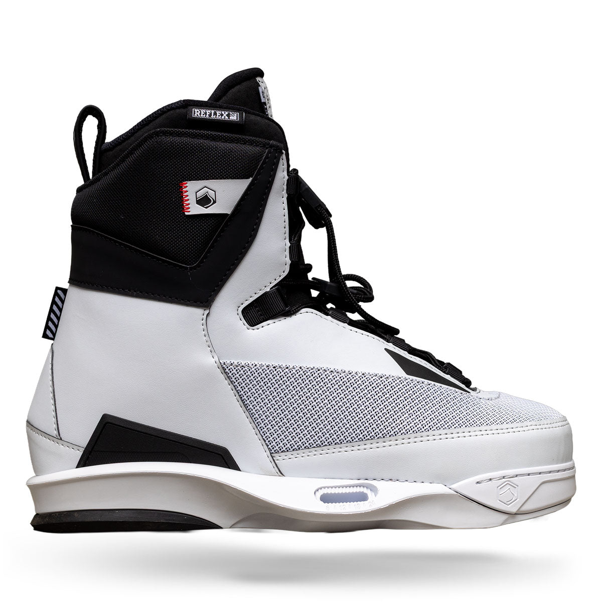 Side view of Aspect 4D black and white binding with lace-up design.