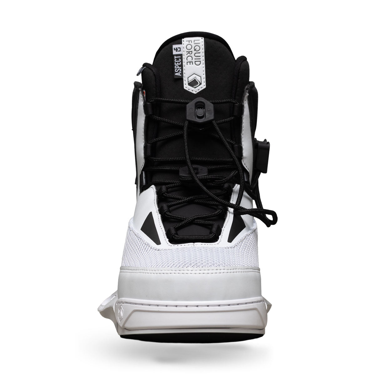 Front view of Aspect 4D black and white binding with lace-up closure.