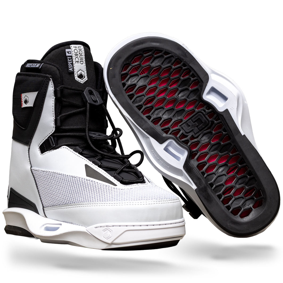 Angled view of Aspect 4D black and white bindings showing sole detail.