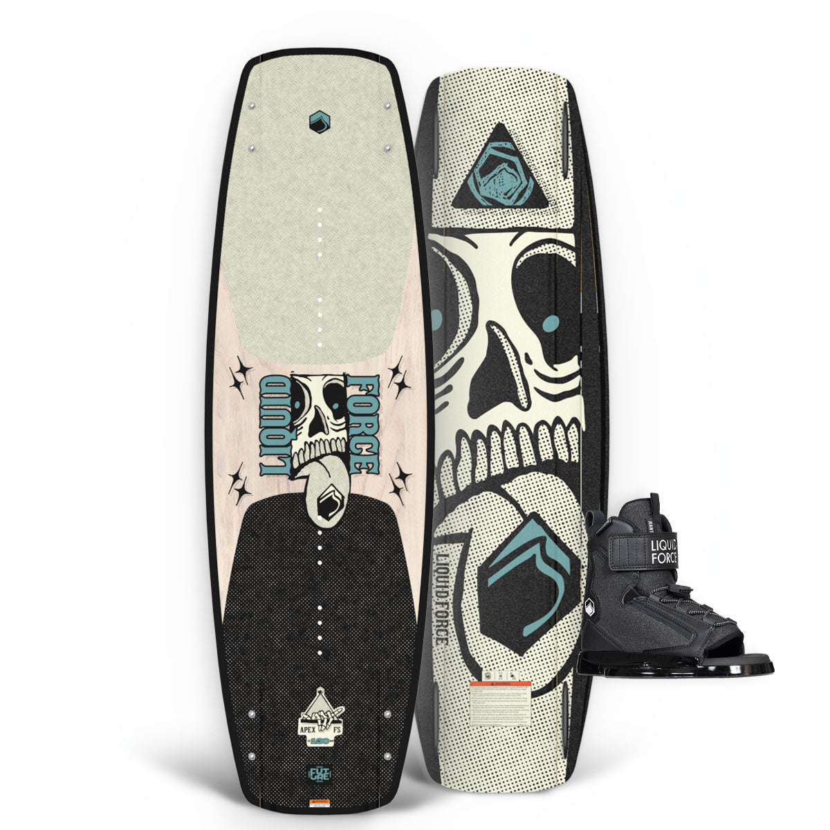 Top and base view of Apex FS wakeboard with skull graphic and black Rant 6R bindings.