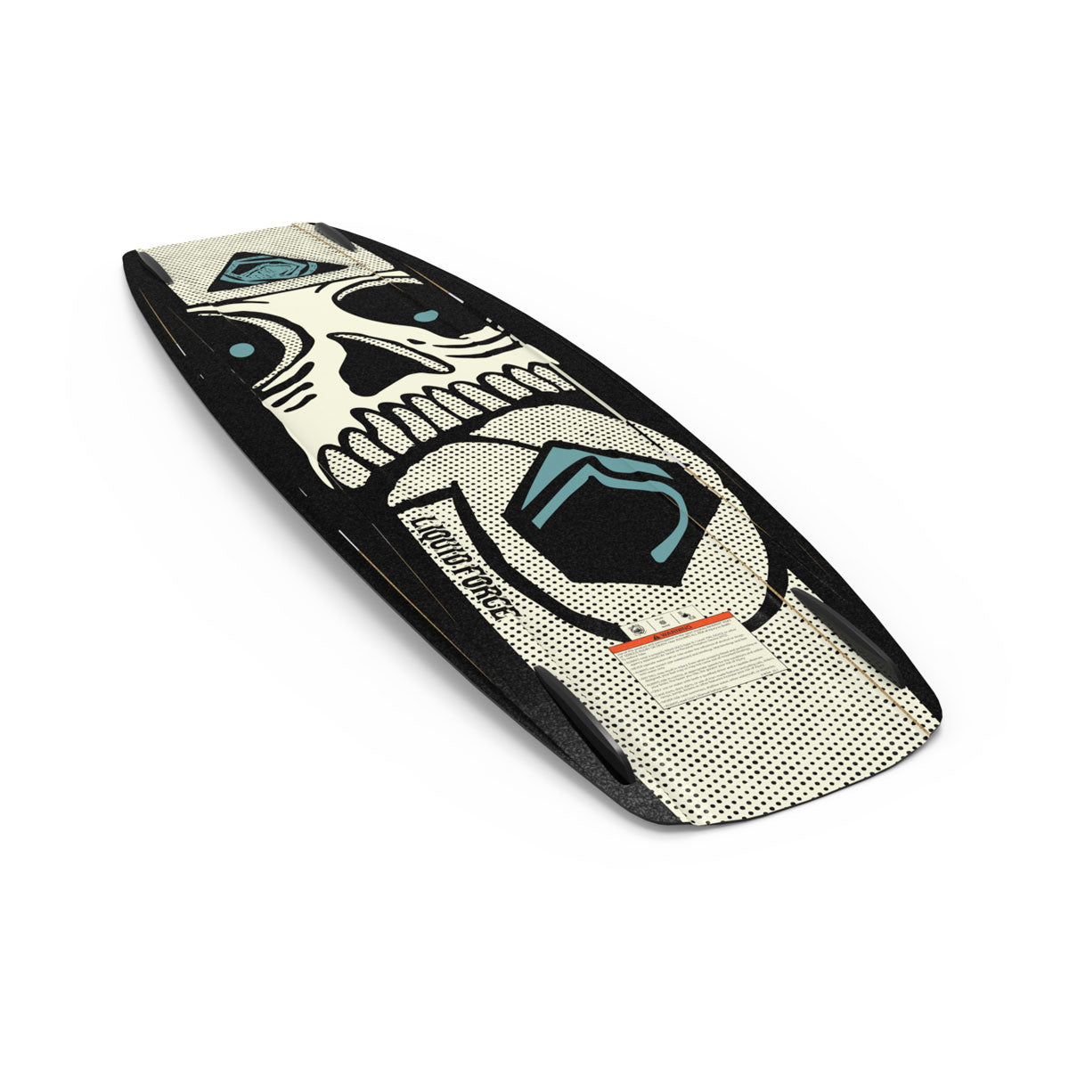 Angled view of Apex FS wakeboard base with large skull and geometric designs.