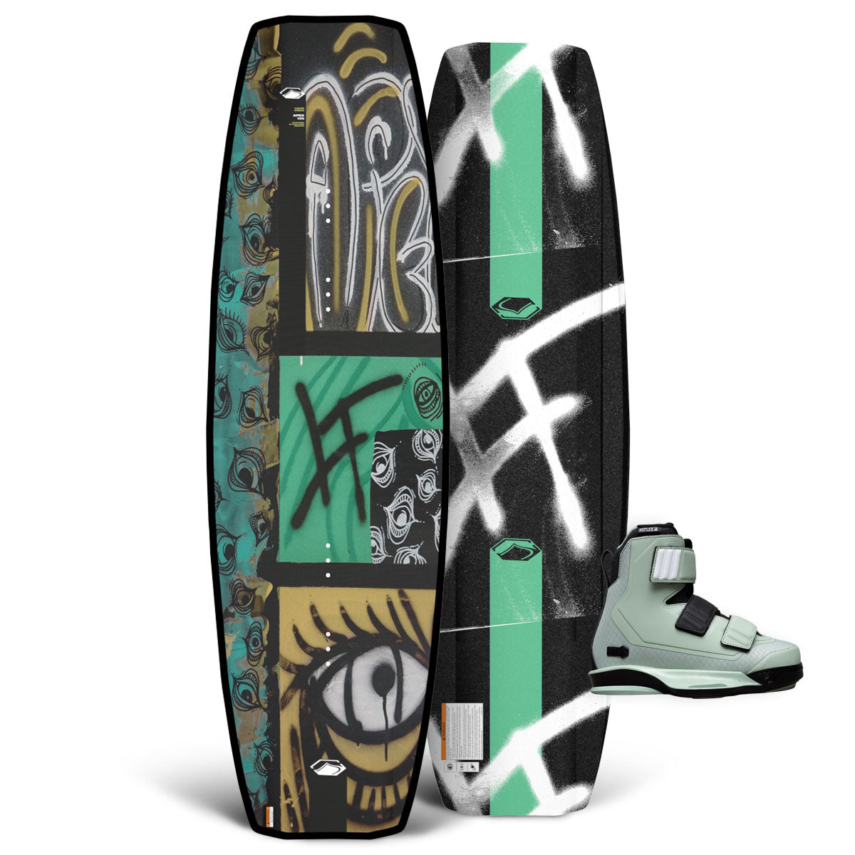 Top and base view of Apex wakeboard with teal, gold, and graffiti design and sage Hook 6X bindings.