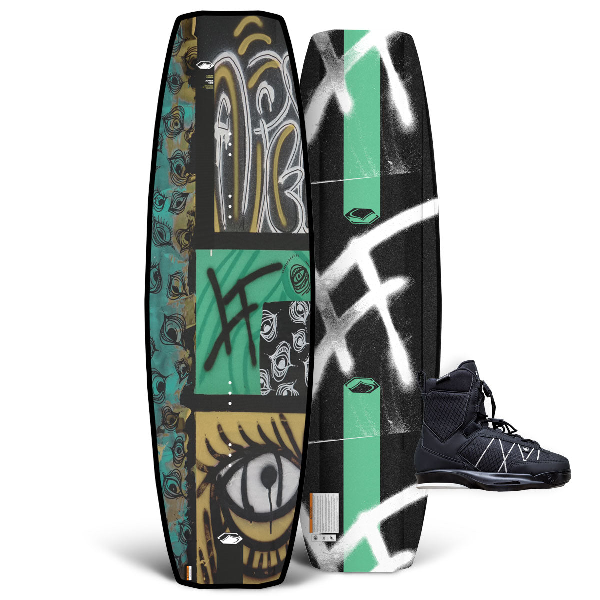 Top and base view of Apex wakeboard with teal and gold graffiti art and black TAO 6X bindings.