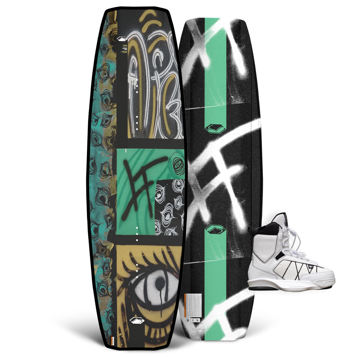 Top and base view of Apex wakeboard with teal, gold, and graffiti design and white TAO 6X bindings.
