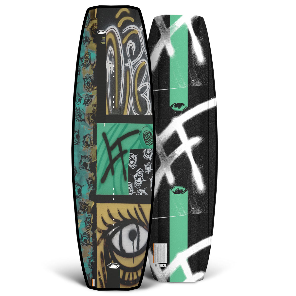 Apex wakeboard top and base view with graffiti-style graphics and bold eye artwork.