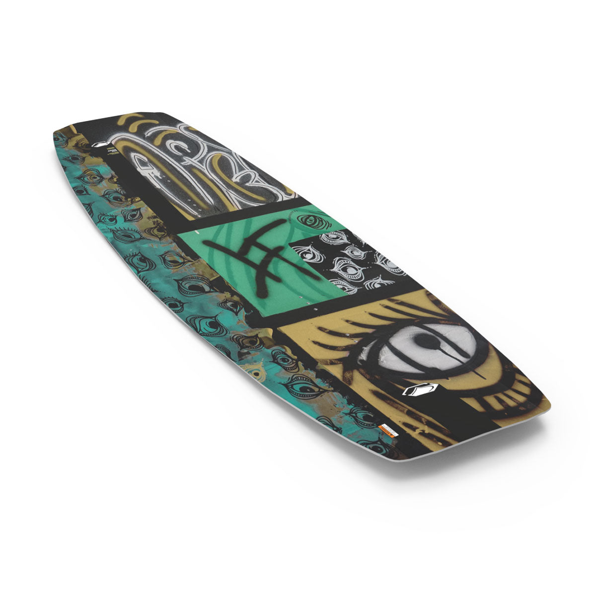 Angled view of Apex wakeboard with multicolor street-art-inspired design.