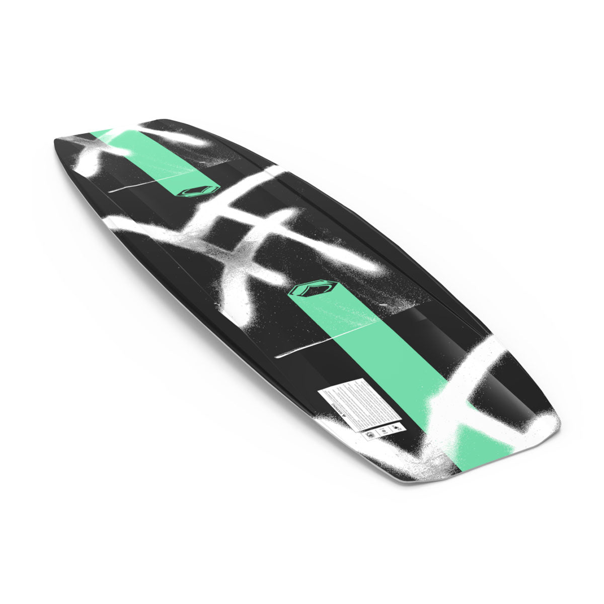 Angled base view of Apex wakeboard showing white graffiti graphics on black and green.
