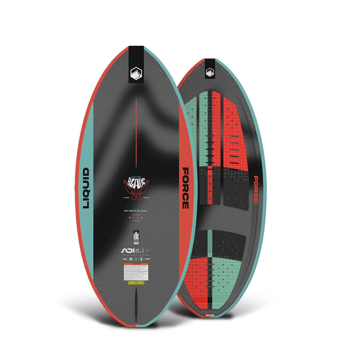 Front and back of the Blade 46" wakesurfer with red, teal, and black carbon fiber-style design.