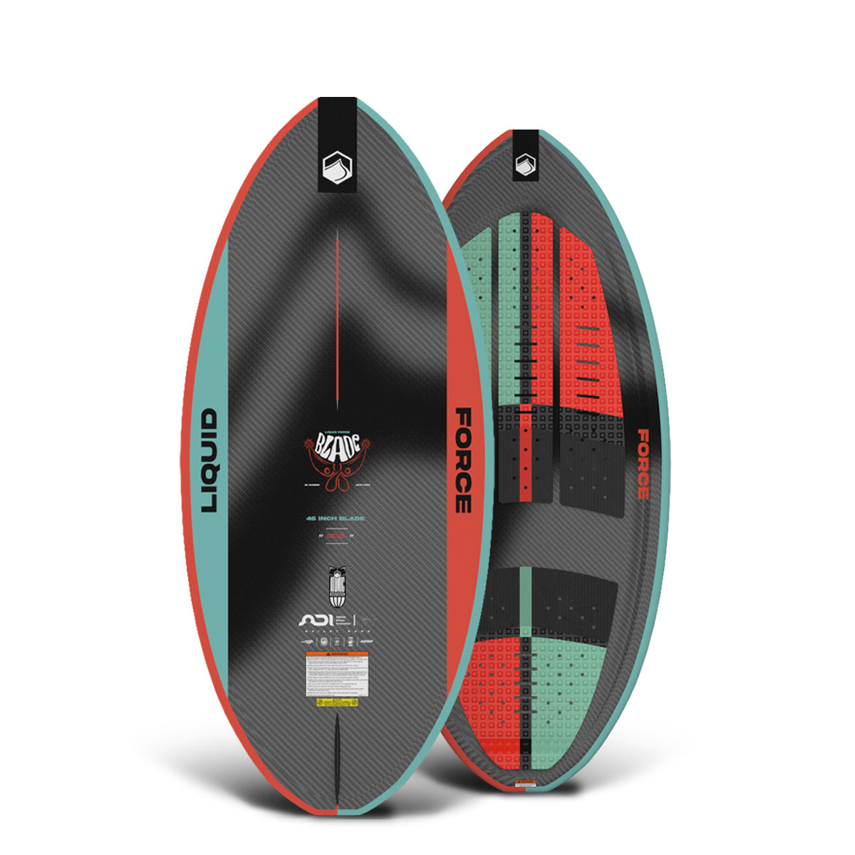 Front and back of the Blade 46" wakesurfer with red, teal, and black carbon fiber-style design.