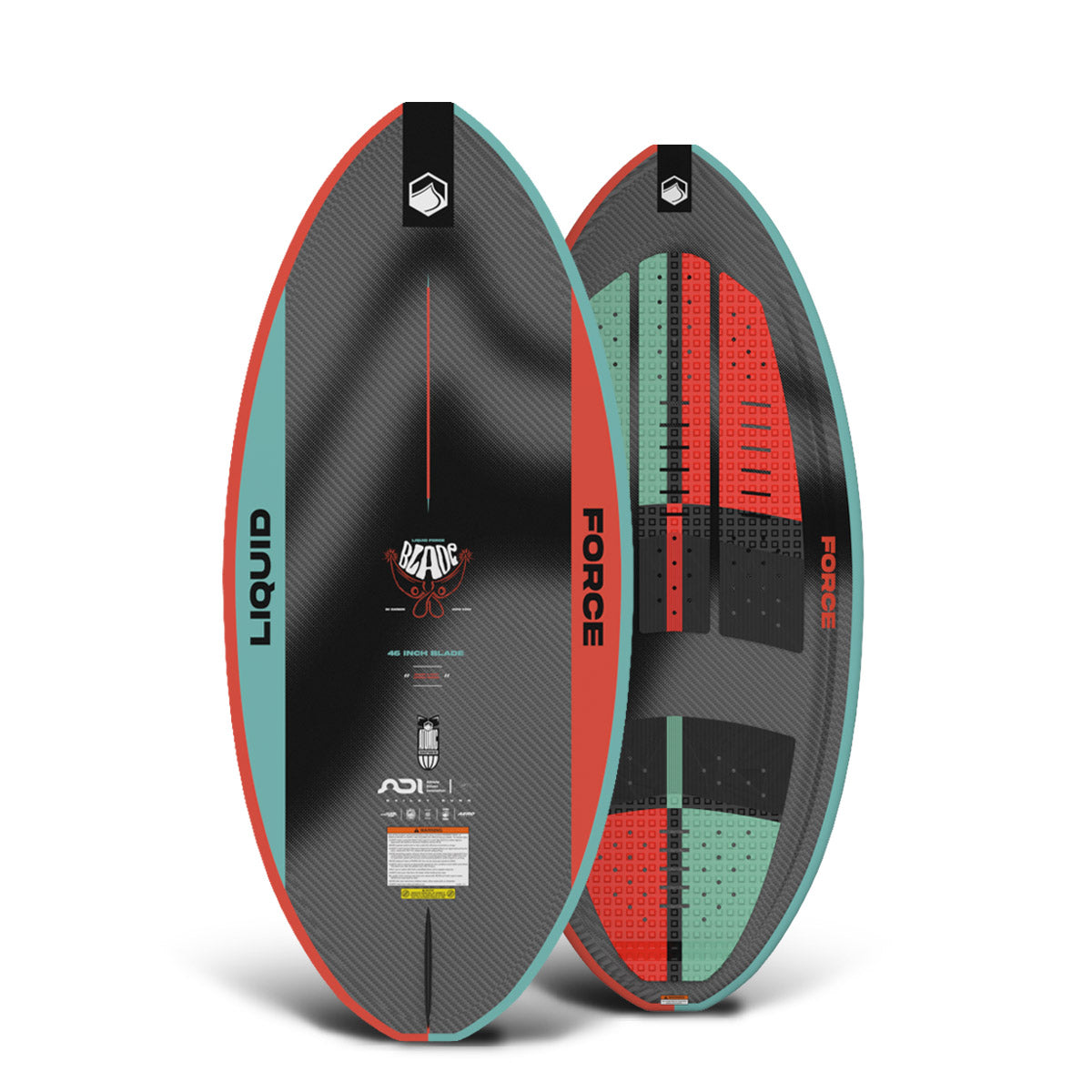 Front and back of the Blade 54" wakesurfer with red, teal, and black carbon fiber-style design.