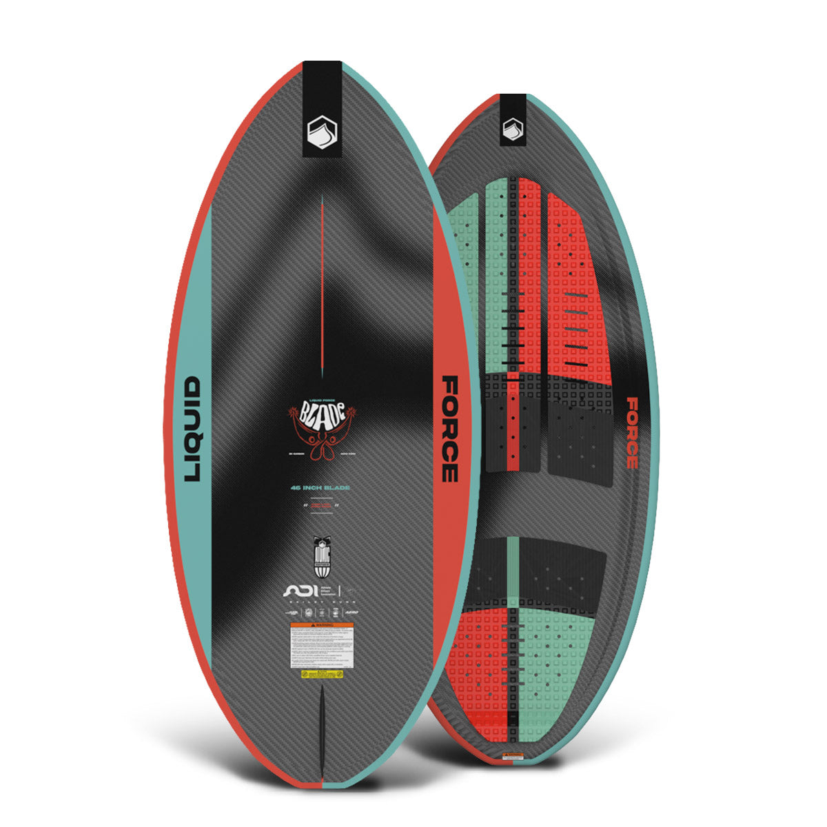 Front and back of the Blade 58" wakesurfer with red, teal, and black carbon fiber-style design.