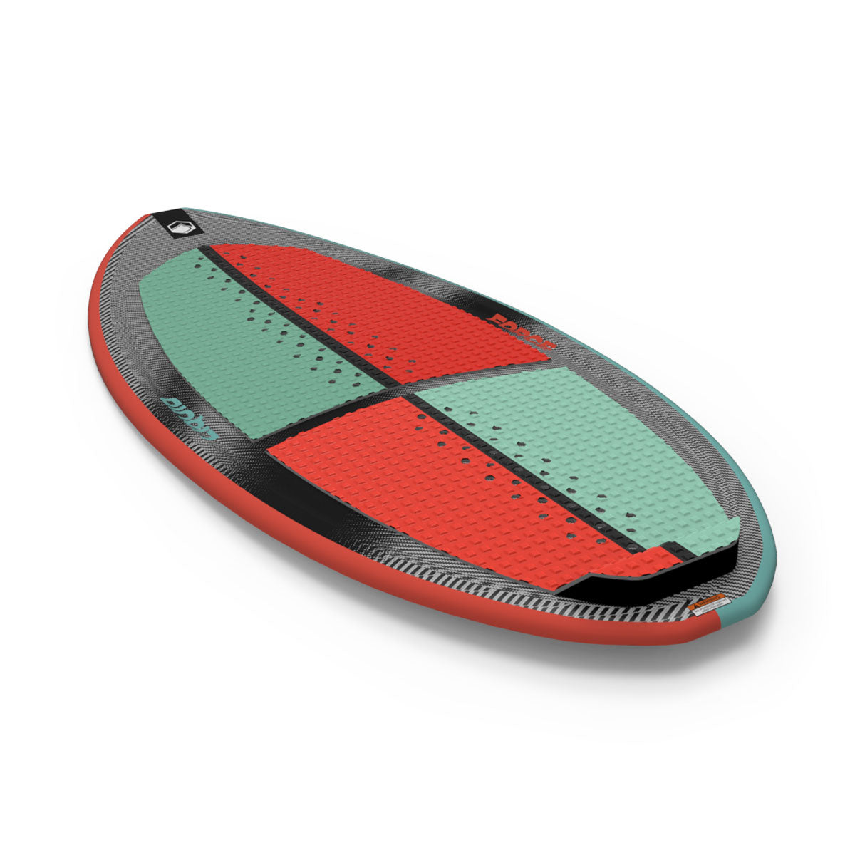 Angled view of the Blade board with red and teal traction pads on a black carbon-style deck.
