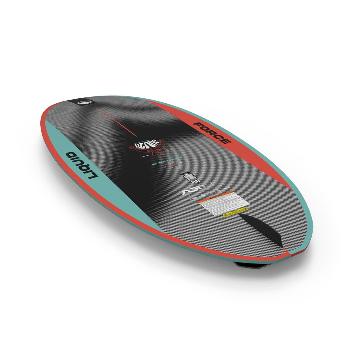 Bottom view of the Blade board showing red and teal rails with black textured base design.