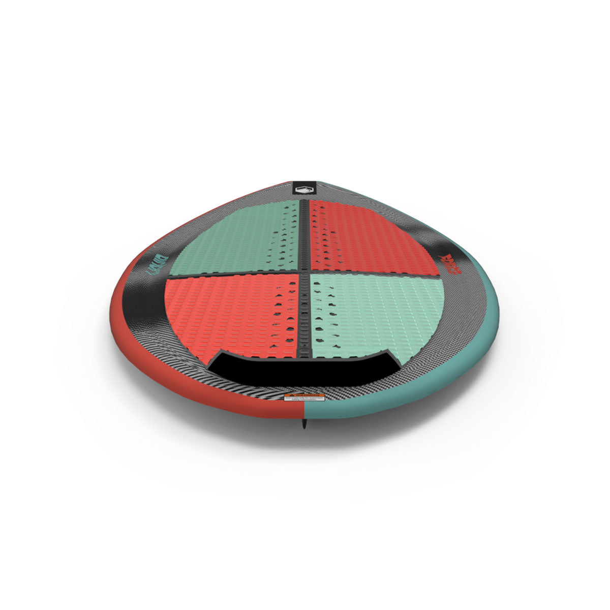 Front view of the Blade board showing split red and teal traction pads with diamond texture.