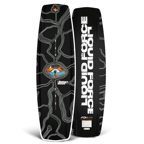 Top and base view of Butterstick Pro wakeboard with black base and white line art accents.