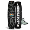 Front and back of Butterstick Pro wakeboard with line graphics shown beside sage Hook 6X bindings.