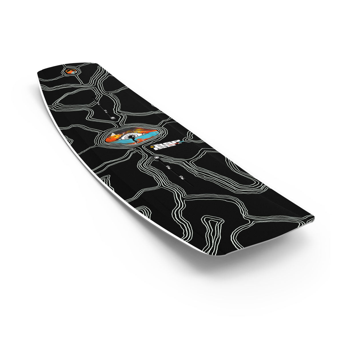 Top and base view of Butterstick Pro wakeboard with black base and white line art accents.