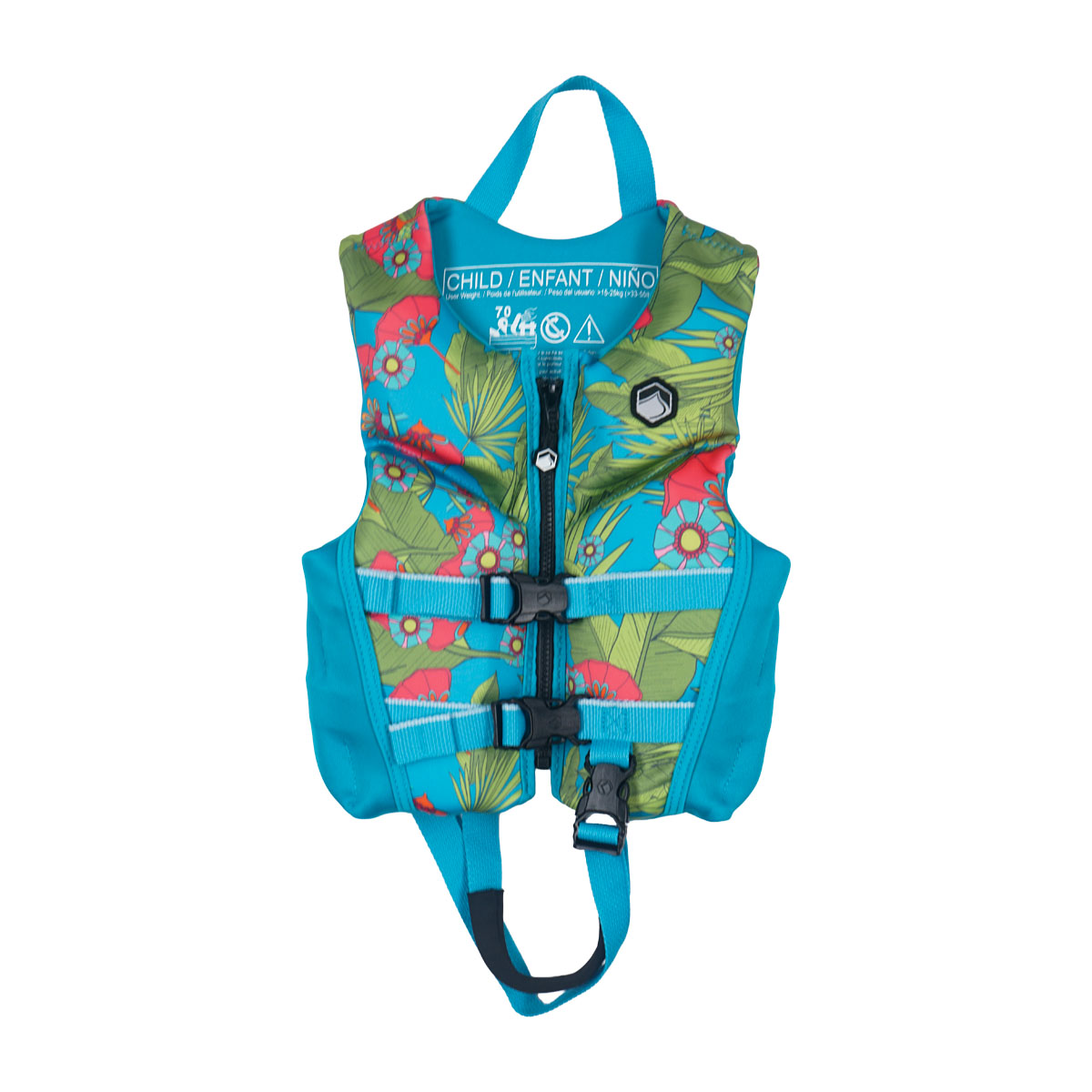 Front view of the Dream Child CGA vest with blue floral print, safety straps, and grab handle.