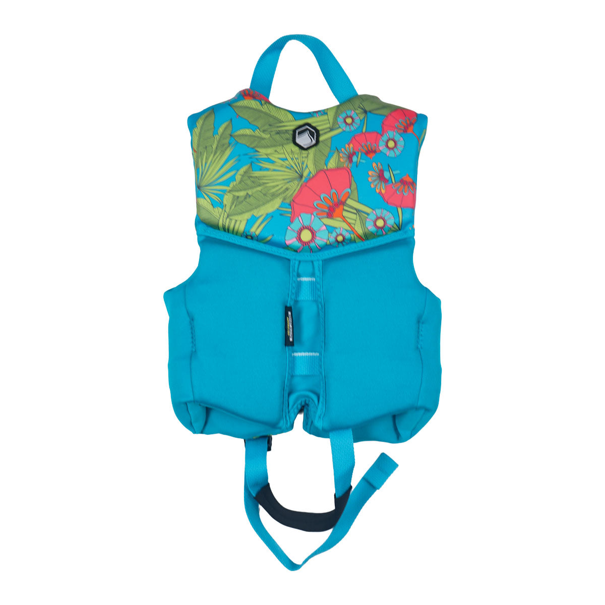 Front view of the Dream Child CGA vest with blue floral print, safety straps, and grab handle.