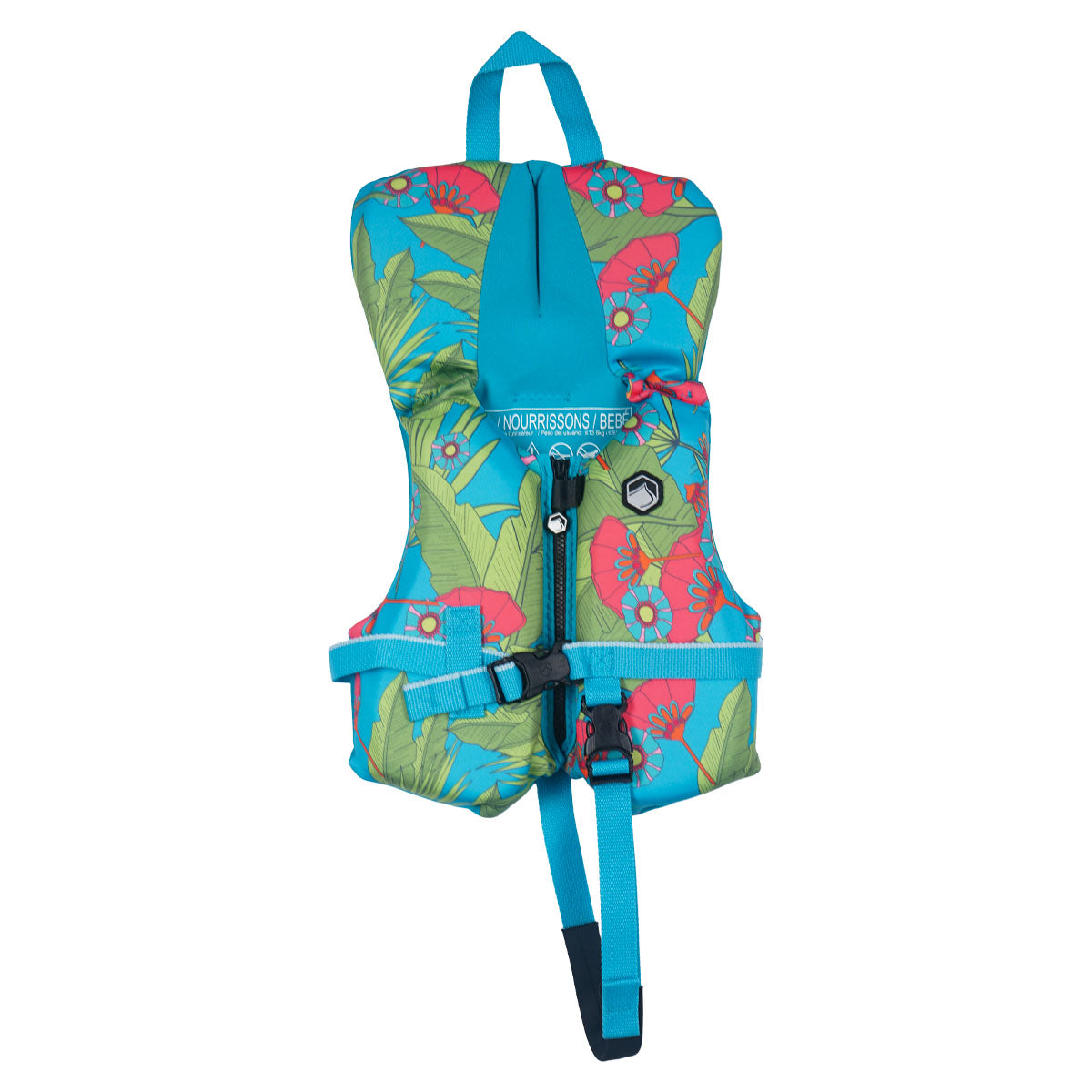 Front view of the Dream Infant CGA vest with floral print, headrest, grab handle, and leg strap.